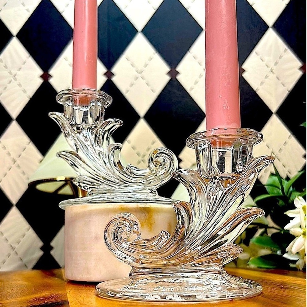 Vintage Fostoria Baroque Etched Candle Holders| Depression Glass| Midcentury
